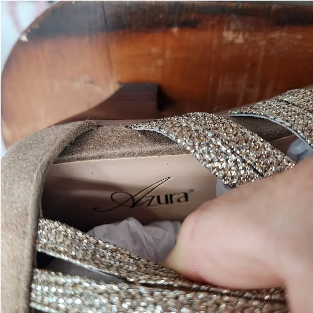 New NWT Azura Gold Glitter‎ Heels Size 37 6.5 - 7